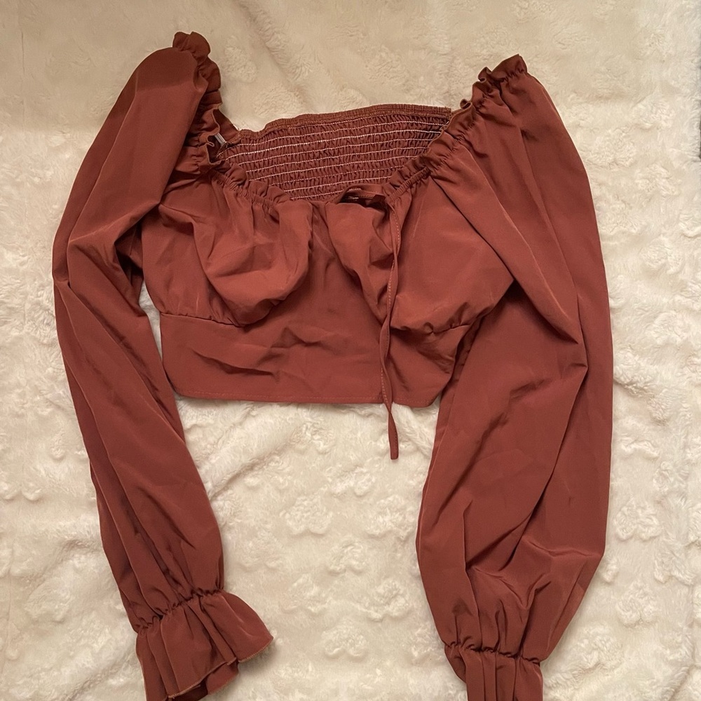 Rust Smocked Off-Shoulder Crop Top – Size XL – Fall Vibes